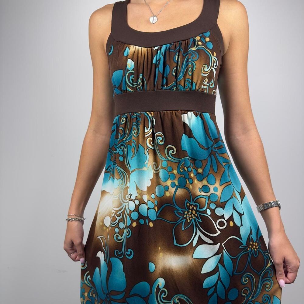 Moa moa Y2K Brown Turquoise Floral Mini Dress Retro Print